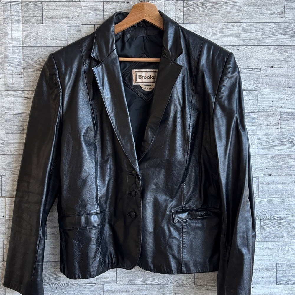 Vintage Brooks Black Leather Jacket Blazer  three‎ Button Front Coat Y2K XL